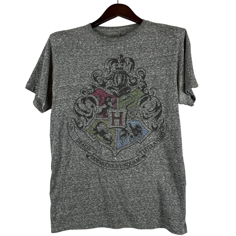 Harry Potter Mens M Hogwarts Crest T-Shirt Gray Graphic Wizard School Tee Shirt